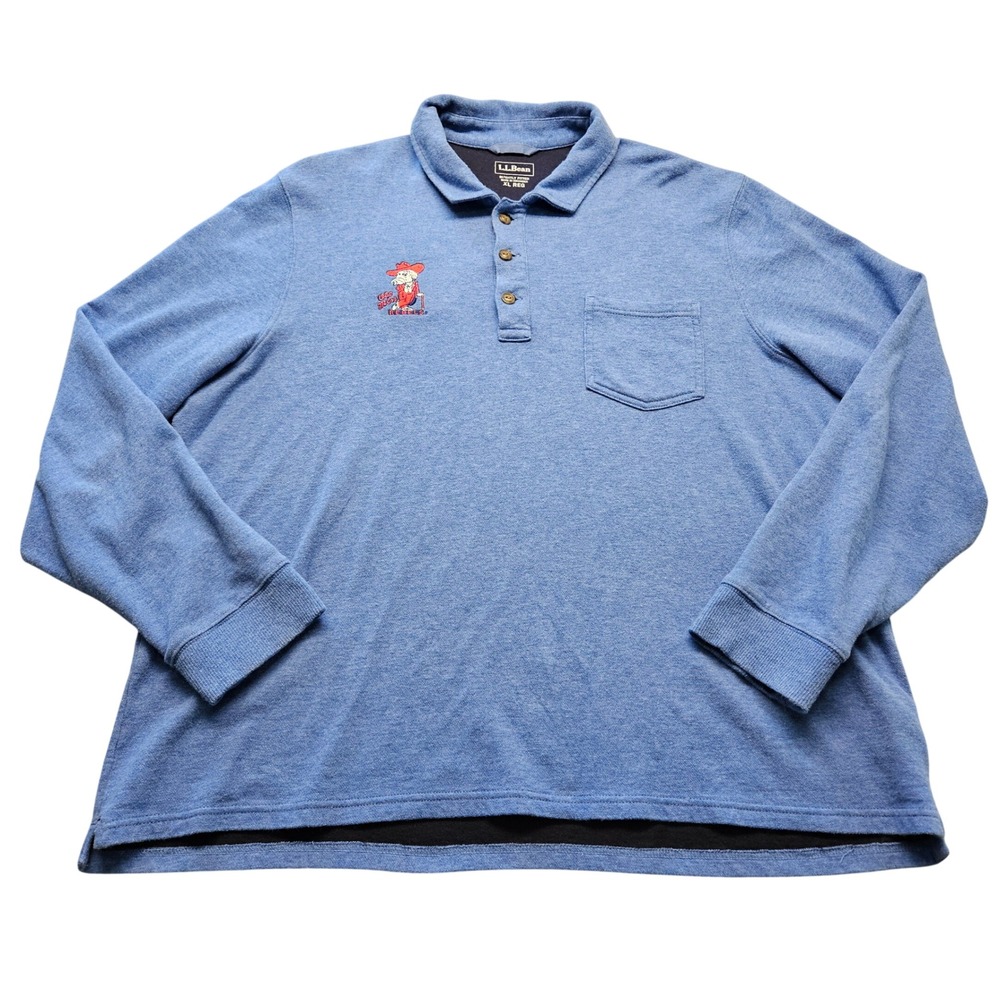 LL Bean Mens XL Ole Miss Rebels Colonel Reb Long Sleeve Heavy Polo Shirt Blue